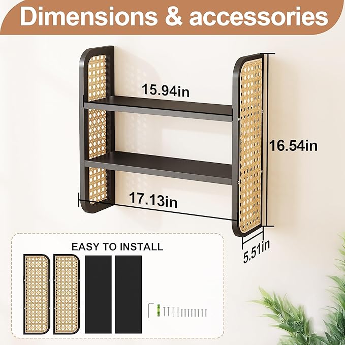 2-Tier Black Rattan Wall Shelf, Cute Hanging Book Shelves Storage, Decorative Natural Display Shelves, Boho Floating Shelf for Nursery, Bedroom, Living Room