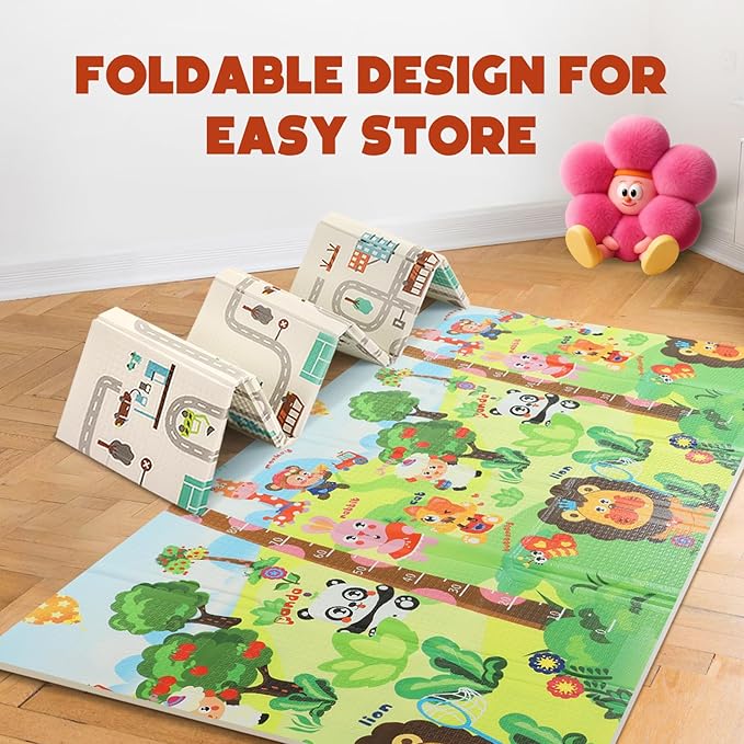 Mergren Foldable Baby Playmat 79"x51"x0.4", Reversible, Double-Sided Crawling Foam Mat for Infants and Toddlers - BPA-Free, Non-Toxic, Anti-Slip,Portable Folding - Indoor and Outdoor Use