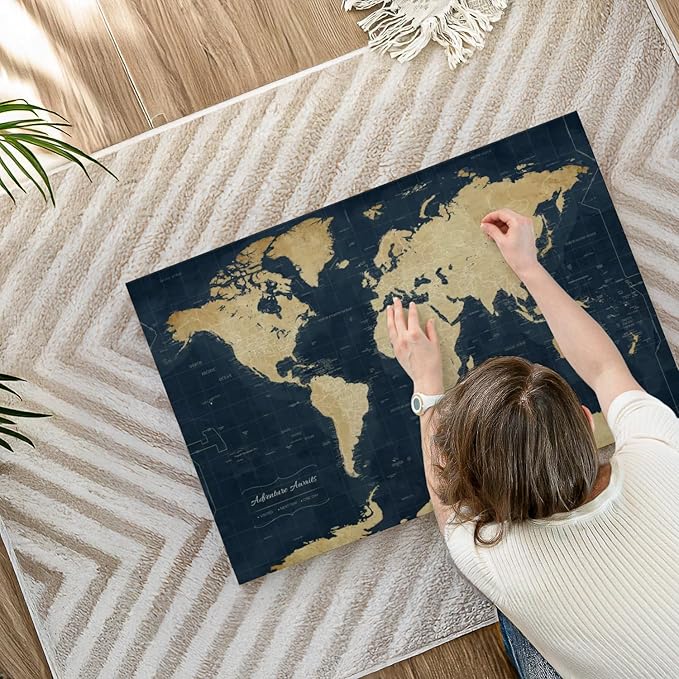 ElephantStock - Adventure Awaits World Map With Push Pins Wall Art - Horizontal Canvas Wall Art - Living Room Wall Decor - Digital Art Map Canvas Art - Gold And Blue Decor - 36" x 24"
