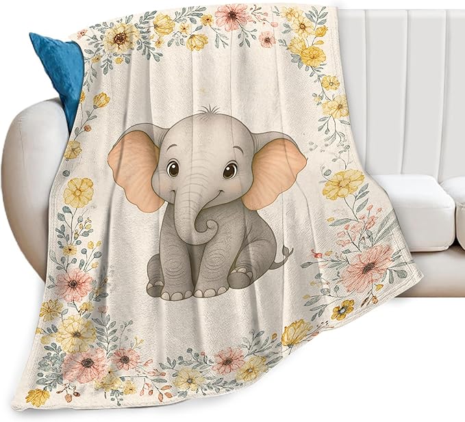Elephant Blanket Cute Elephant Floral Throw Blanket Soft Cozy Fleece Fuzzy Plush Warm Stuff Bedding Nursery Toddler Baby Blankets Gifts for Boys Girls Kids Adult Men Women 50"X60"