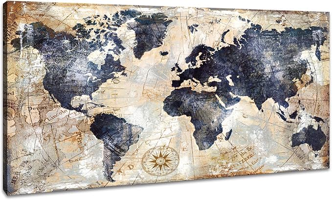 Vintage World Map Wall Art for Office World Map Poster Canvas Prints with Your Photos Nautical Decor Modern Framed Art Map of The World Wall Decor for Living Room Travel Memory Home Decor