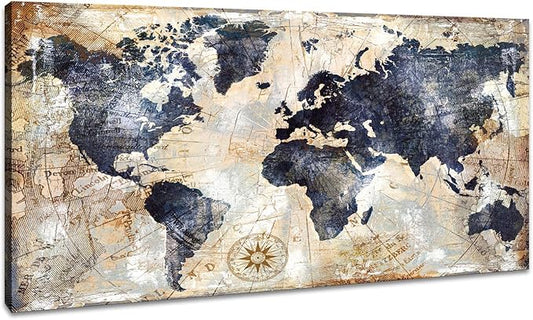 Vintage World Map Wall Art for Office World Map Poster Canvas Prints with Your Photos Nautical Decor Modern Framed Art Map of The World Wall Decor for Living Room Travel Memory Home Decor