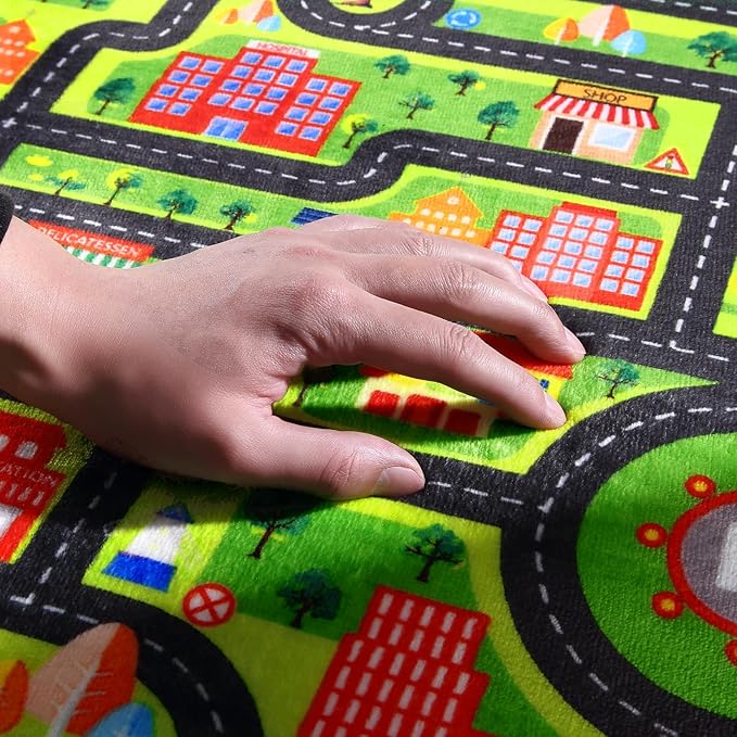 Kids Carpet Playmat 8x10 Car Play Rug Large Kids Play Rug City Traffic Road Mat Low Pile Non Slip Fun Carpet for Kids Children Nursery Playroom Classroom Educational City Life Carpet Black
