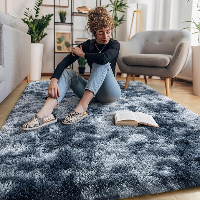 EVOIONOS Area Rug for Bedroom Living Room, Machine Washable 4x6 Fluffy Shag Rug, Soft Plush Non Slip Carpet for Indoor Floor Bedside Nursery Kids Room, Dorm, Home Decor Aesthetic, Tie-Dyed Blue Grey