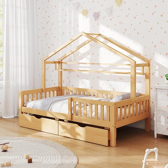 Aoowow Full Size House Bed with Storage Drawers and Shelf, Kids Twin Bed Frame Wooden Platform Bed with Guardrails and Slats for Boys Girls Teens for Bedroom(Natural)