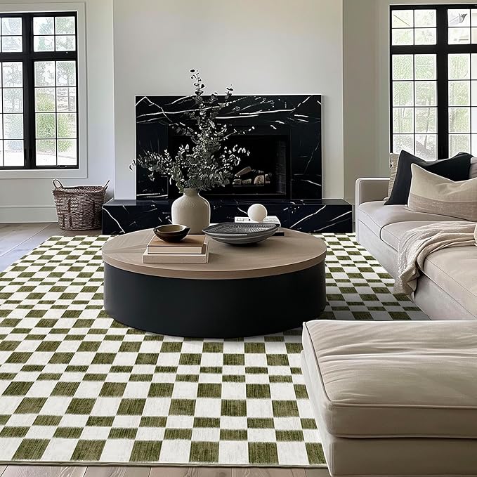 EverGrace Checkered Plaid Area Rug 8x10, Soft Fuzzy Faux Wool Rugs Washable Christmas Rugs Large Rug Carpet for Entryway Bedroom Living Room Hallway Kitchen Dining Room and Laundry Room, Olive Green