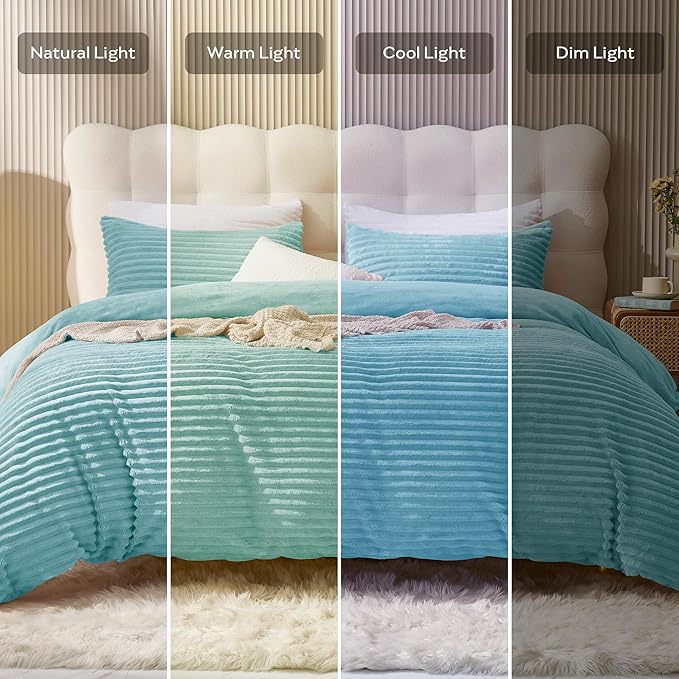 JELLYMONI Plush Duvet Cover Set - King Size Baby Blue Striped Fluffy Comforter Cover 3pcs Bedding Set Luxury Ultra Soft Faux Fur Duvet Cover with Zipper and 2 Pillowcases (NO Comforter)