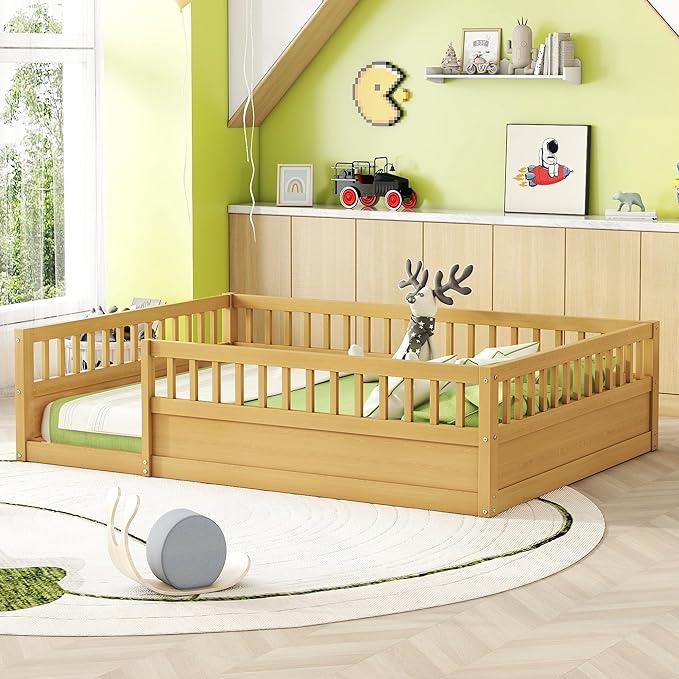 Kids Montessori Floor Bed,Full Size Floor Bed with High Fence and Door,Full Bed Frame with Guardrails for Kids,Girls,Boys,Full,Natural
