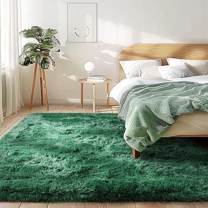 Fluffy Rug Flame Resistant 8x10 Feet, Forest Green Shaggy Rugs for Living Room Washable 8x10 Area Rugs Clearance