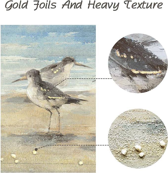 Coastal Framed Painting Wall Decor: Abstract Ocean Wall Art 40"x20" Seagulls Oil Painting Style Beach Picture Printed on Wood Seascape Artwork for Bedroom
