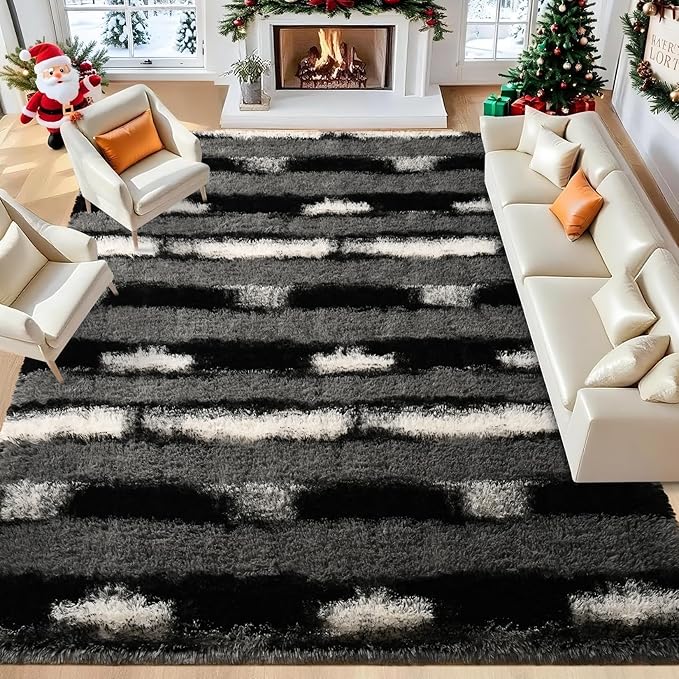 4x6 Feet Area Rugs for Living Room Bedroom,Gray and White Machine Washable Soft Fluffy Shaggy Indoor Rug, Floor Carpet for Girls Boys Kids, Dorms, Nursery Rooms, Home Decor Aesthetic