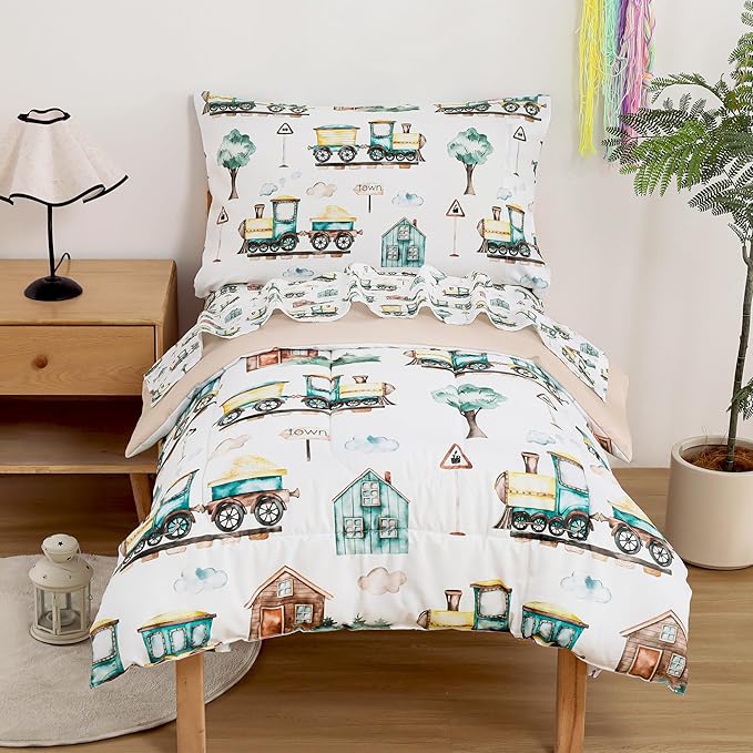 Mooreeke 4 Pieces Toddler Bedding Set - Brown Country Train Town Toddler Comforter Sets for Boys, Includes Comforter, Flat Sheet, Fitted Sheet and Pillowcase, Bed in A Bag for Baby Bedroom