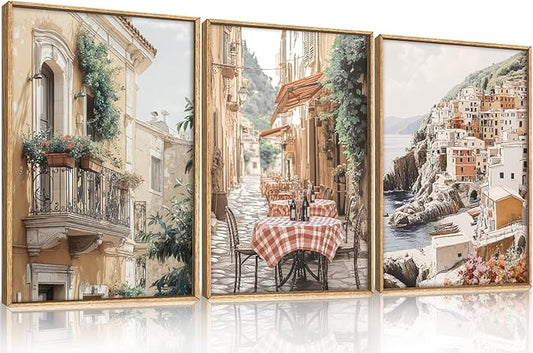 HLNIUC Vintage Italy Street Wall Art Set of 3, the Mediterranean Italian Countryside Wall Decor(24x36), Modern Cityscape Coastal Town Nature Scenery Canvas Painting for Living Room, Bedroom, Office