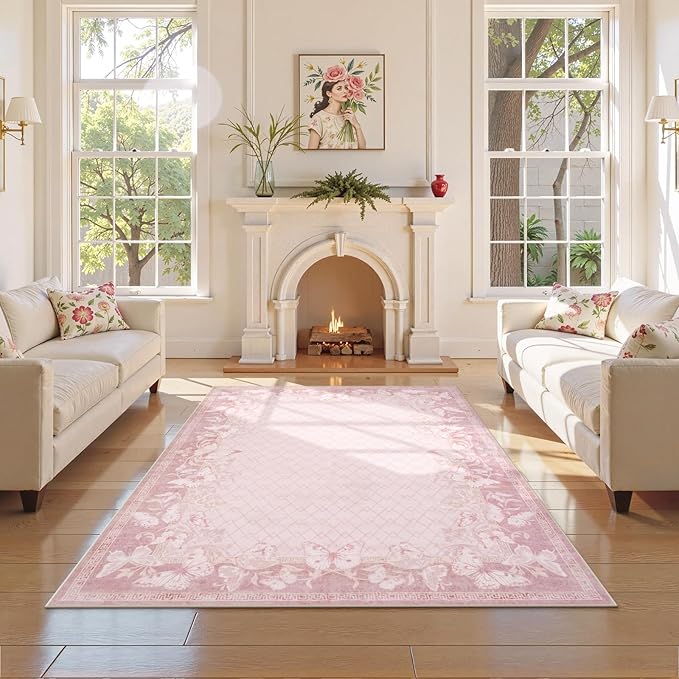 STARUIA Washable Rugs for Living Room, 5x7 Pink Rugs for Bedroom Girls Nursery, Non-Slip Soft Butterfly Area Rug Cute Girl Pink Carpets for Kids Room Playroom Dorm Dining Room Indoor Decor