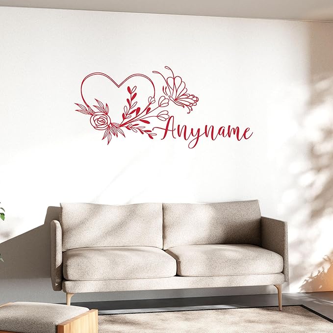 Custom Butterfly Name Wall Decal Personalized Floral Heart Name Transparent DTF Vinyl Removable Nursery Wall Decals for Baby Kids Room, Teen Bedroom, Window, Cute Home Decor Gifts