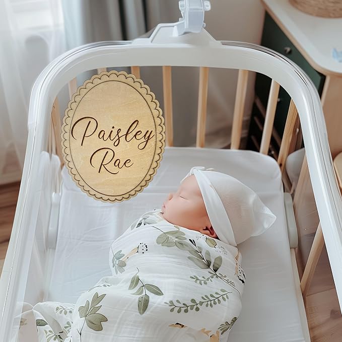 Personalized Engraved Scallop Edge Baby Name Sign, Birth Announcement Plaque, Baby Shower - Newborn Keepsake (Name Sign)