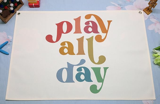 Playroom Boho Rectangular Banner Flag Pennant Wall Art Decor Gift for Baby Boy Girl Kids,Playroom Nursery Bedroom Homeschool Decor-Play All Day-Baby Present Shower,Birthday Christmas Gift