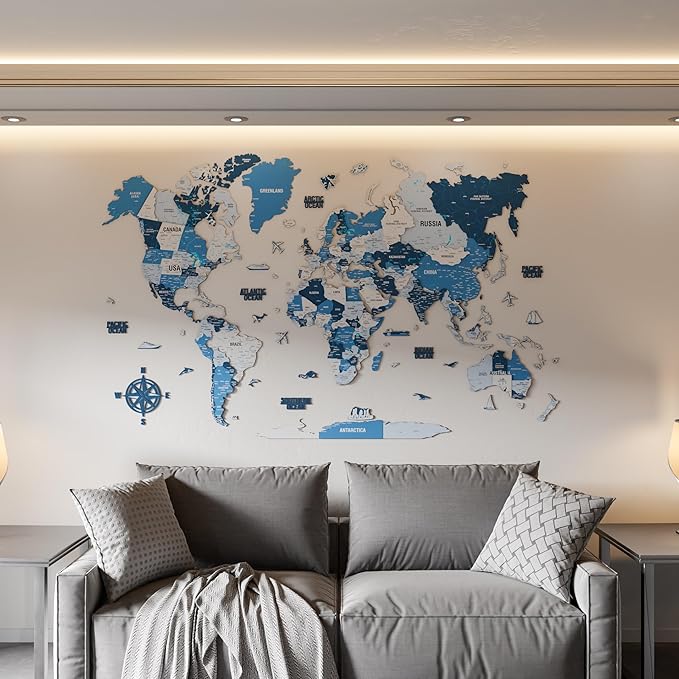 Colorfull Worlds 3D Wooden World Map Wall Art - Premium Multicolored World Travel Map for Wall Decor with Push Pins- Ideal Housewarming Gift & Travel Tracker (Medium, Navy)