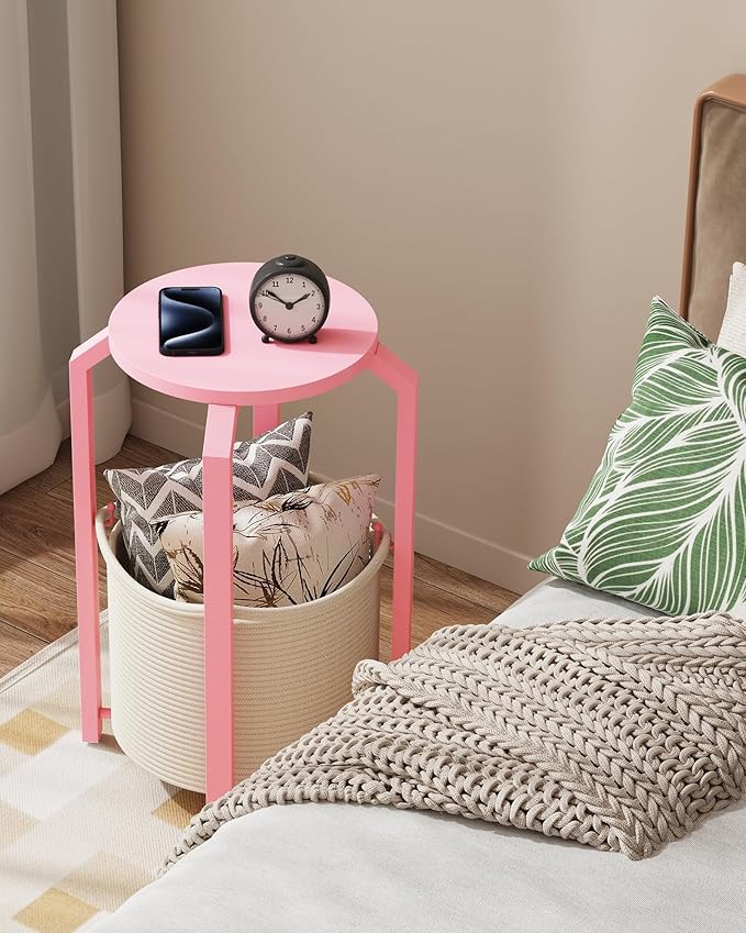 TUTOTAK Small Side Table, Round End Table, Night Stand, Bedside Table, Sofa Table with Storage Basket, Living Room, Bed Room, Pink TB01BP092