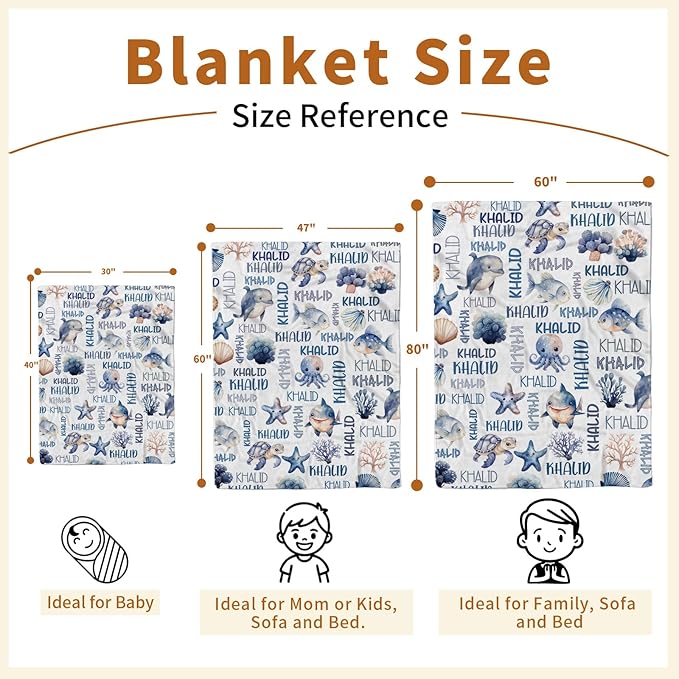 Personalized Baby Blanket with Name, Customized Blanket for Newborn Boys Girls, Ocean Animals Flannel Baby Name Blanket with Dotted Backing, Receiving Swaddle, Gifts for New Parents(60" x80)