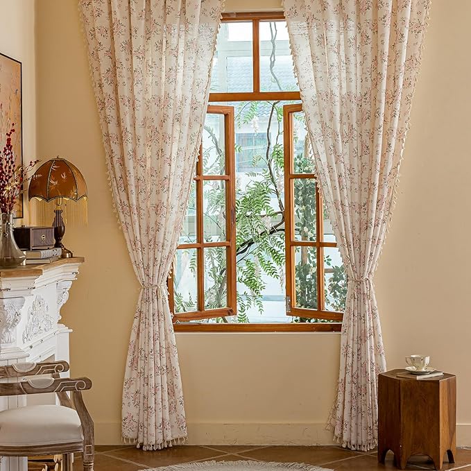 OYX Pink Boho Floral Curtains 63 Inch Long 2panels, French Vintage Farmhouse Patterned Decor Window Drapes with Tassels, Girls Semi-Sheer Light Filtering for Bedroom Living Room (Rod Pocket, 52wx84l)