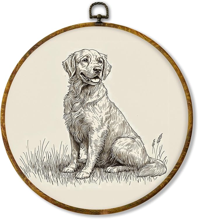 Hiuwevt Vintage Neutral Golden Retriever Round Wall Art Decor, Golden Retriever Gifts Framed Canvas Prints, Retro Sketch Dog Round Wall Hanging Decor for Home Bedroom Decorations, 10x10 Inches