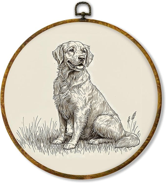 Hiuwevt Vintage Neutral Golden Retriever Round Wall Art Decor, Golden Retriever Gifts Framed Canvas Prints, Retro Sketch Dog Round Wall Hanging Decor for Home Bedroom Decorations, 10x10 Inches