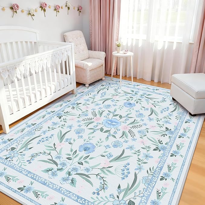 Blue Floral Rug 5x7 for Girls Bedroom, Washable Non-Slip Boho Area Rug, Soft Ultra-Thin Carpet for Nursery, Kids Room, Dorm, Living Room or Playroom