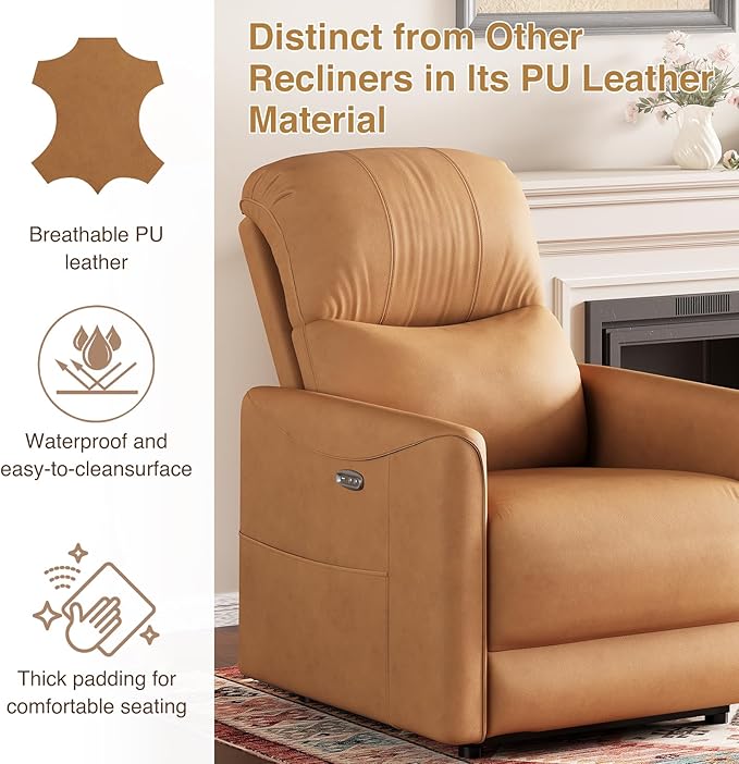 Adjustable Power Recliner Chair, Comfy PU Leather Electric Recliner Chair, Power Recliners with USB Port, Eco-Certified Small Recliners for Small Spaces Sofa Reclinable, Brown