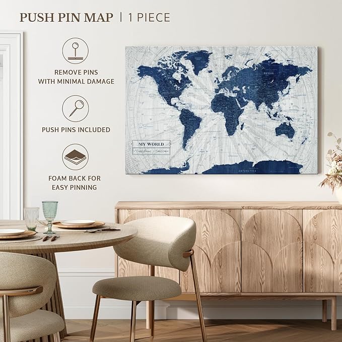 ElephantStock - My World Push Pin Map V Wall Art - Horizontal Canvas Wall Art - Living Room Wall Decor - Unique Map Canvas Art - Gray And Blue Decor - 24" x 16"