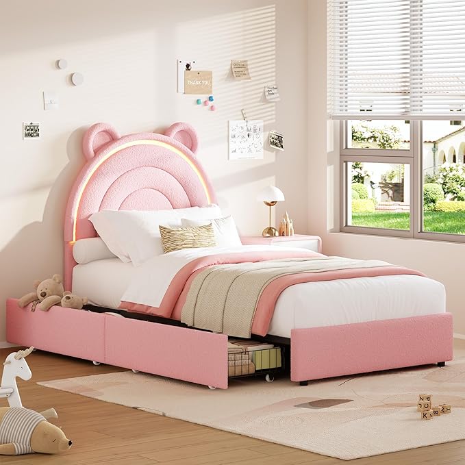Garvee Princess Twin Size Bed Frame with 2 Storage Drawers & LED Lights, Velvet Upholstered Platform Bed with Rainbow Headboard for Kids/Girls, Solid Wood Slats Support, No Box Spring Needed, Pink