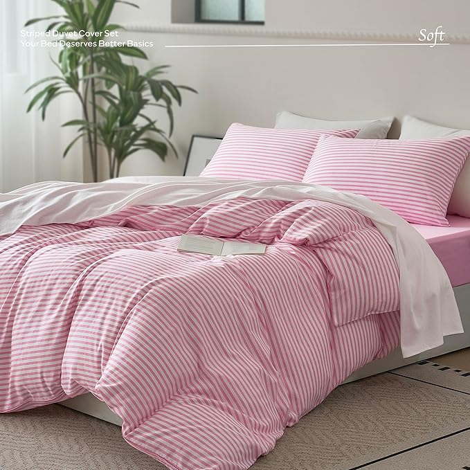 JELLYMONI Full Duvet Cover Set, Cotton Duvet Cover 2 Pieces with Zipper Closure, 1 Duvet Cover and 2 Pillowcases(Pink with White Striped)