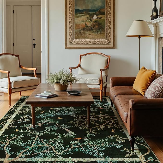 jinchan Yarden Botanical Birds 5x7 Moss Green Christmas Area Rugs for Living Room - Washable Non-Slip Soft Nature Plants Modern Kids Carpet,Vintage Low Pile Indoor Rug for Bedroom Dining Room Nursery