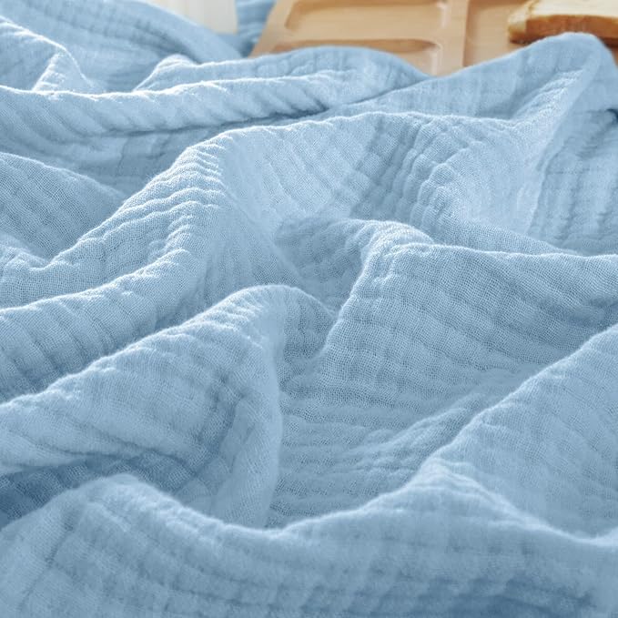 PHF 100% Cotton Muslin Blanket Queen Size 90"x90", 4-Layer Lightweight Gauze Throw, Breathable Cloud-Soft Minimalist Blanket for Bed, Couch, Camping & Baby, Sky Blue, Ideal Gift