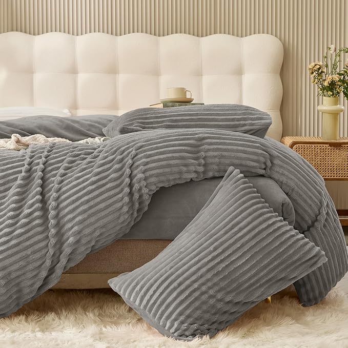 JELLYMONI Plush Duvet Cover Set - Queen Size Light Gray Striped Fluffy Comforter Cover 3pcs Bedding Set Luxury Ultra Soft Faux Fur Duvet Cover with Zipper and 2 Pillowcases (NO Comforter)