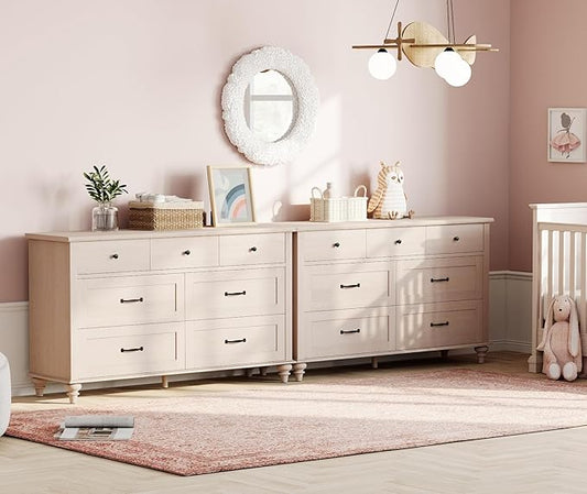WAMPAT 2-in-1 Baby Dresser for Bedroom, Elegant Kids Dresser Wooden Dresser for Kids Room, 7 Drawer Dresser Set Organizer for Children's Bedroom, Nursery Furniture, Beige