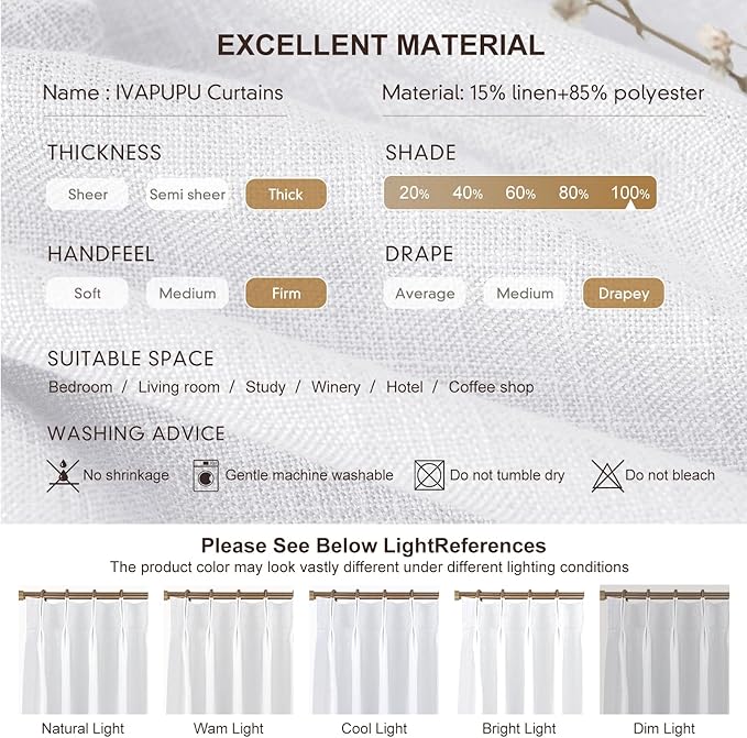 IVAPUPU Linen Pinch Pleated 100% Blackout Curtains for Bedroom - 2 Pages Black Out White Curtains 63 Inch Long 2 Panel for Living Room Darkening Thermal Window Curtain Drapes with 16pc Hooks