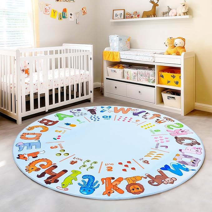Kids Rugs for Playroom, 5'x5' Round Educational Rug for Learn the ABC Alphabet, Soft Machine Washable Non-Slip Cute Animal Carpet for Classroom Toddler Nursery Kids Room Decor Mat, Light Blue