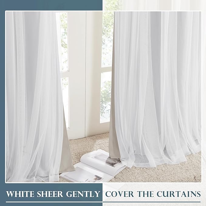 PONY DANCE Double-Layered Curtains - White Sheer Solid Blackout Curtains 72 Inch Length Elegant Grommet Panels for Living Room/Sliding Glass Door (W52xL72, Cream, One Pair)