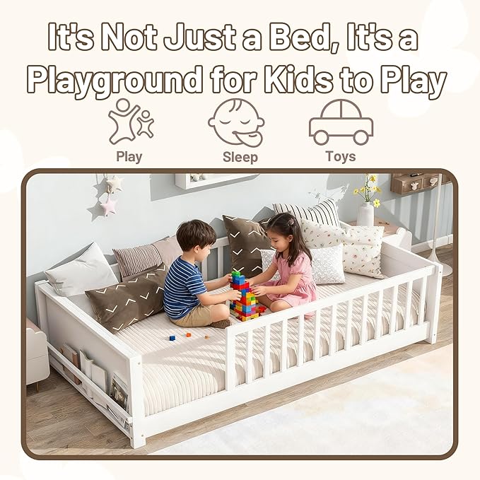 Twin Toddler Floor Bed with High Rails, Wooden Montessori Bed Frame with Built-in Book Rack, Twin Size Bed Frame for Kids, Boys and Girls, White