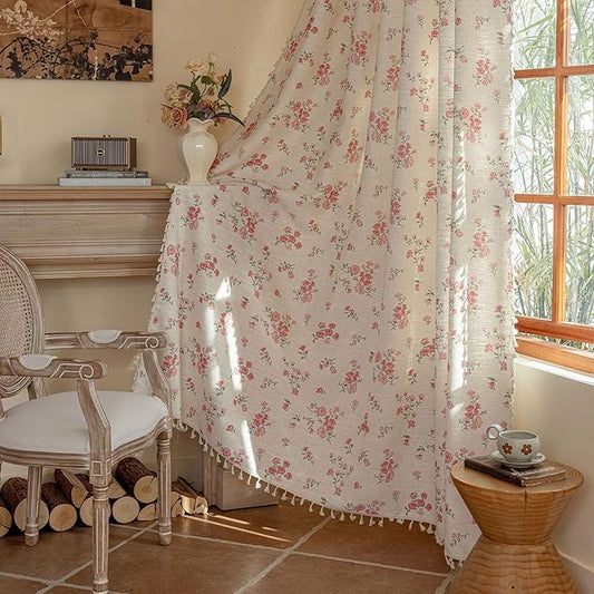 OYX Pink Boho Floral Curtains 84 Inch Long 2 panels, French Vintage Farmhouse Patterned Decor Window Drapes With Tassels, Girls Semi-Sheer Light Filtering For Bedroom Living Room (Rod Pocket, 52Wx84L)