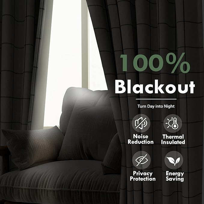 DriftAway 2 Panels 100% Blackout Windowpane Plaid Linen Curtains Double Layer Drapes for Bedroom 84 Inches Long Farmhouse Thermal Insulated 3.25 Inch Rod Pocket Back Tab for Living Room Loden Green