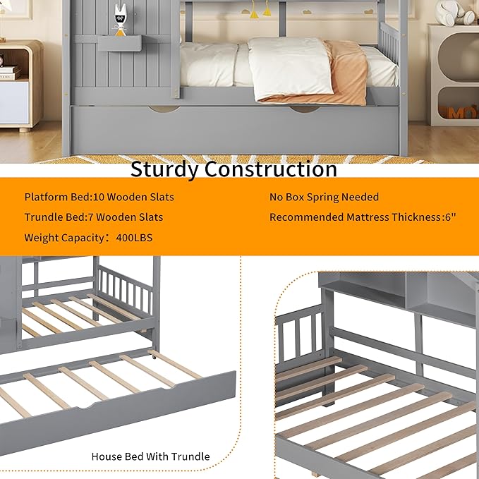 Linique Wooden Twin Size House Bed with Trundle and Storage Shelf,Modern Design Twin Platform Bed Frame with Pitched Roof(Gray)