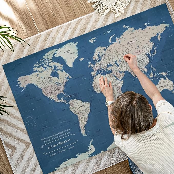ElephantStock - World Adventures Push Pin Travel Map I Wall Art - Horizontal Canvas Wall Art - Living Room Wall Decor - Printmaking Map Canvas Art - Blue And Beige Decor - 51" x 34"