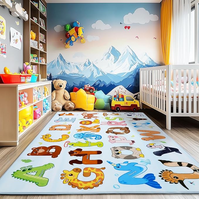 Kids Rugs for Playroom, 7x9 Feet Educational Rug for Learn The ABC Alphabet, Soft Machine Washable Non-Slip Cute Animal Carpet for Classroom Toddler Nursery Kids Room Decor Mat, Blue