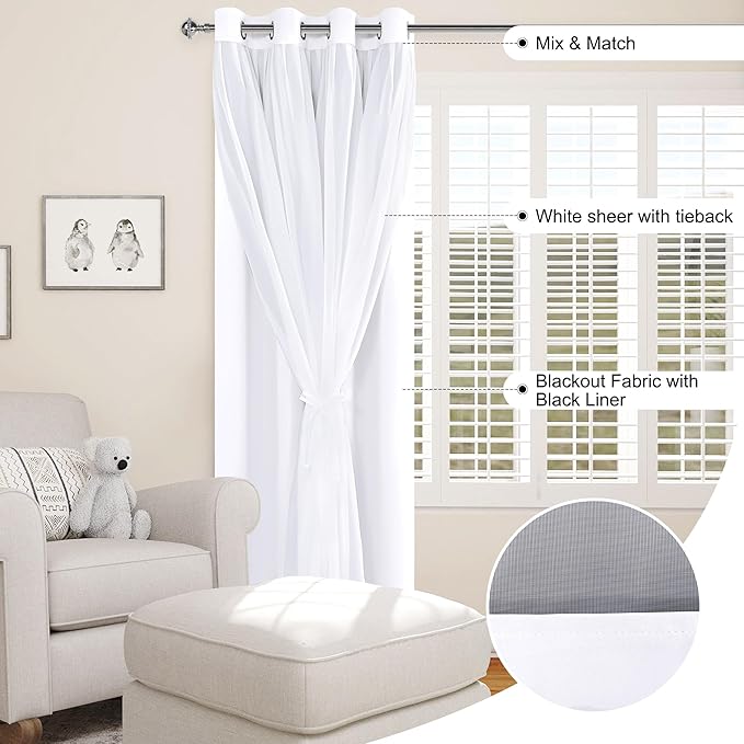 XWZO White Double Layer Curtains, 100% Blackout Curtains with Sheer Overlay for Nursery, Living Room, Children's Room, Grommet Thermal Insulated Privacy Curtains with Tiebacks, 2 Panels, 52x108