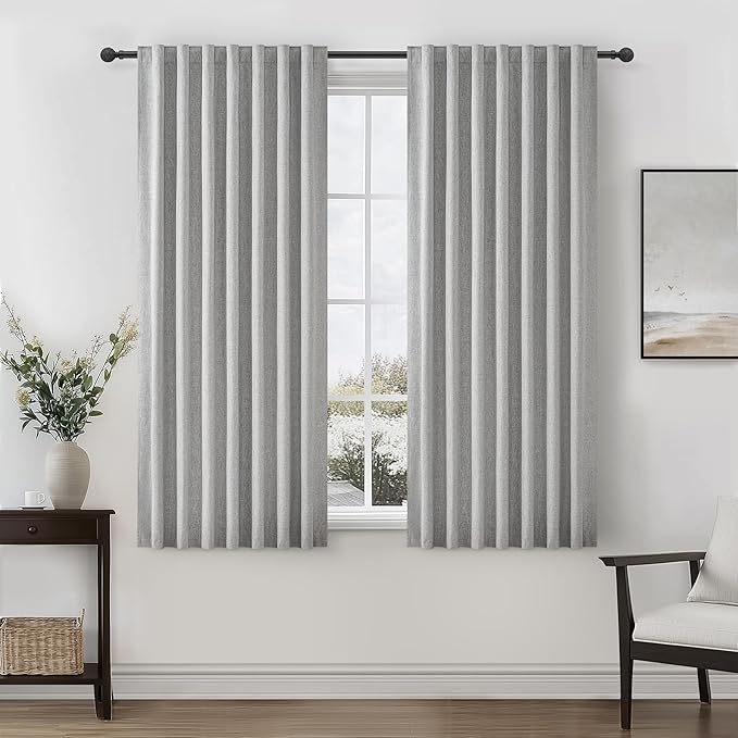 Grey Room Darkening Curtains 72 Inches Long 2 Panels Burg, Linen Heavy Insulated Bay Window Curtain Modern Neutral Drapes for Bedroom/Cabin/Kitchen (W50" x L72"Tall) 6FT Length Back Tab/Hook Belt