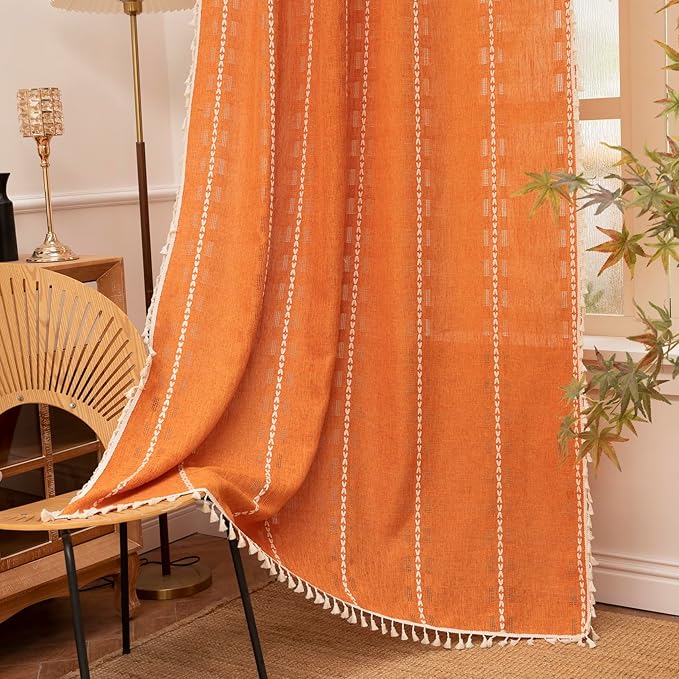 Deeprove Orange Boho Curtain 84 inches Length for Living Room Bedroom, Bohemian 84 inches Long Burnt Terracotta Fall Embroidery Textured Halloween Privacy Window Thanksgiving Decor W52 x L84, 1 Panel