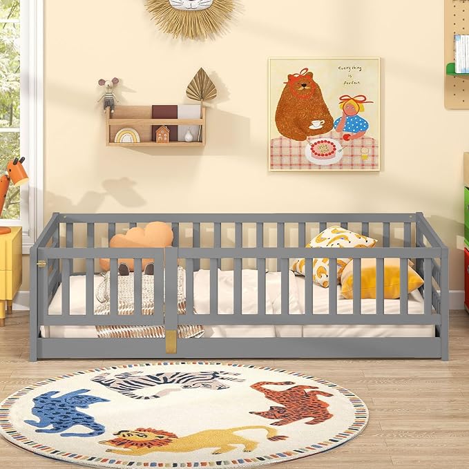 Giantex Twin Floor Bed with High Fence & Door, Montessori Floor Bed with 21.5" Safety Guardrails, Solid Wood Twin Beds Frame for Kids Girls, Boys, Without Slats, Grey