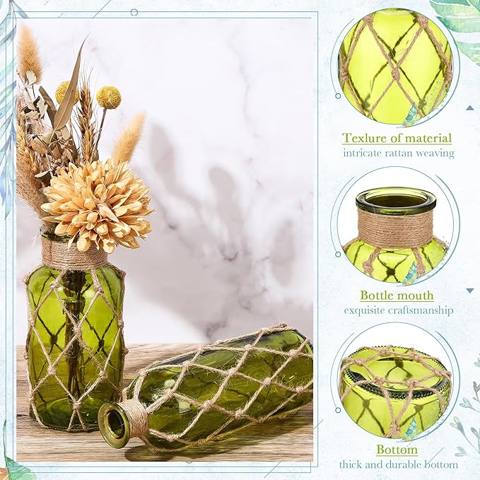 Chuangdi Set of 2 Coastal Glass Vases for Flower Small Flower Vase with Boho Rope Wrapping Beach Decorative Bottle for Coastal Nautical Table Centerpiece Wedding Floral Arrangement Decor(Olive Green)